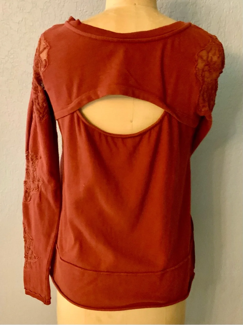Free People “Outer Sunset Grampa Jersey “ Rust Lace-Sleeve Long Sleeve Tee